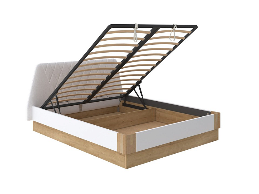 Кровать Lagom Hill Chips с подъемным механизмом 180x200 ЛДСП+ткань Beatto Пастила/ЛДСП Белый Жемчуг/Масло-воск Natura (Береза) - Кровать со встроенным основанием. 