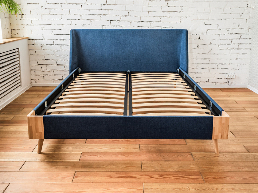 Кровать Lagom Side Soft 200x200 Ткань/Массив (бук) Лама Индиго/Масло-воск Natura (Бук) - Оригинальная кровать в обивке из мебельной ткани.