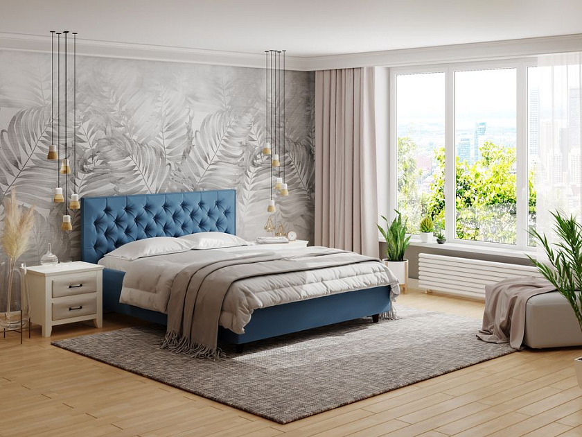 Кровать Teona 160x200 Ткань: Велюр Casa Яблоневый - Кровать с высоким изголовьем, украшенным благородной каретной пиковкой.